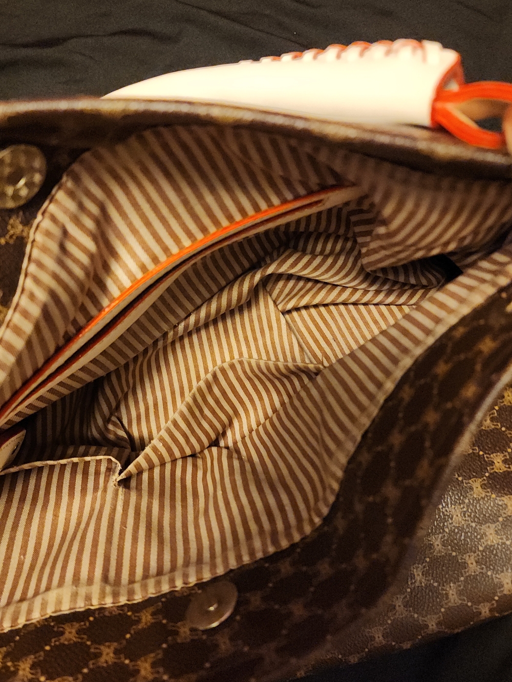 Women's Brown Monogram Pattern Satchel with White Handle - Picture 3 of 9